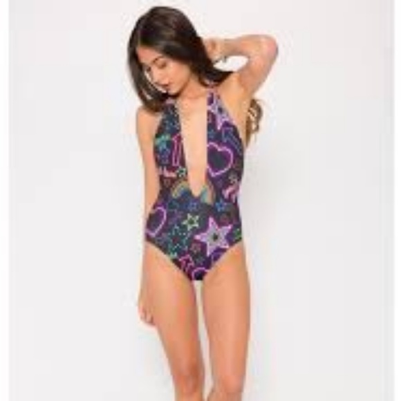 Jaded London Neon Sign Print Plunge Swimsuit - Picture 2 of 6